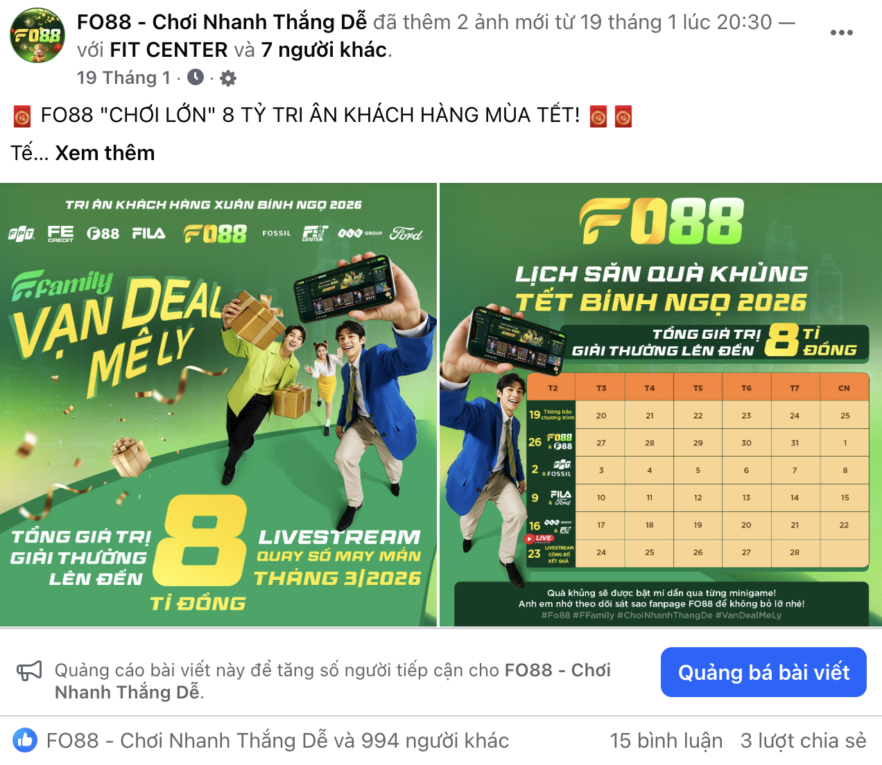 Hình ảnh thông báo hợp tác giữa FO88 và các thương hiệu F được đăng tải trên fanpage chính thức